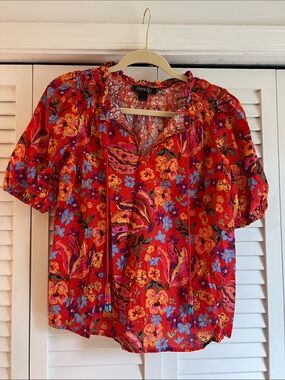 Renuar Bright Red Multicolor Floral Tassel Blouse (Small)